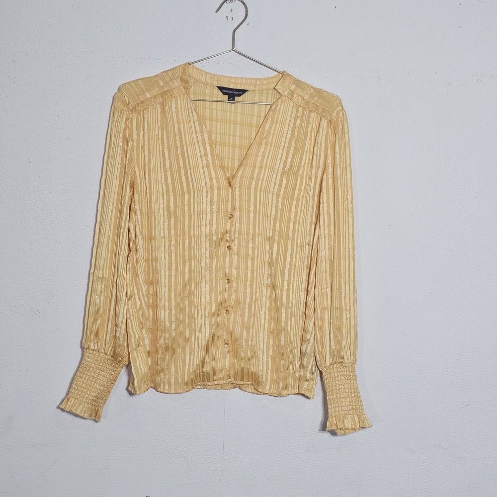 Nanette Lepore Womens Top Shirt sz M Button Up Blouse Stripes Smocked sleeves